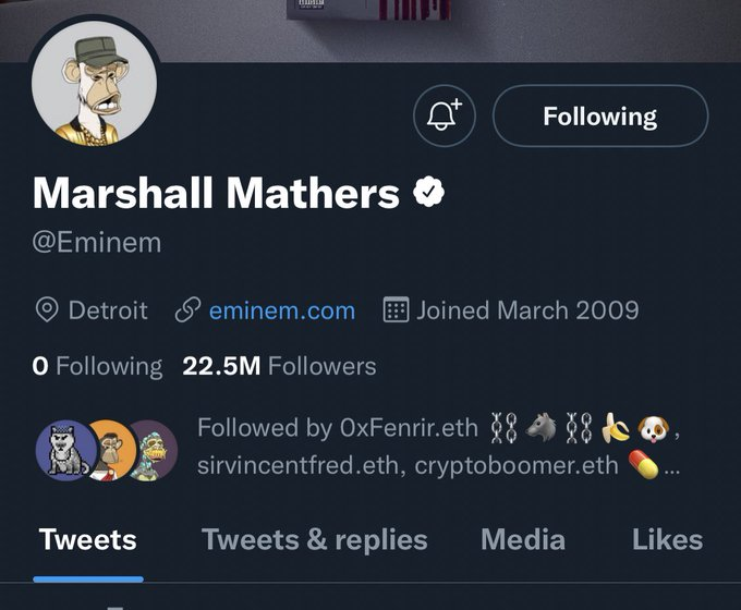 Image NFT achetée par le rappeur Eminem pour 123,45 crypto - monnaie Ethereum - TwitterEminem